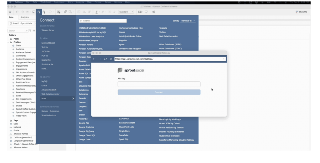 The image depicts the pop-up window in the Web Data Connector, where you must enter the URL and paste your Sprout API token to commence your Tableau integration.