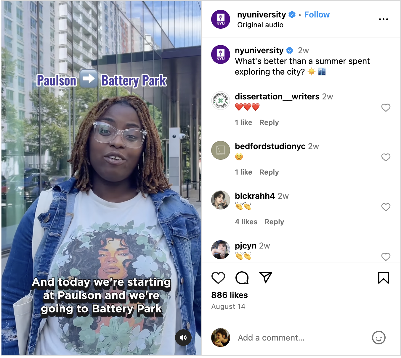 NYU Instagram Reel from their Summer Walk series, taking viewers on a tour from Paulson to Battery Park. 