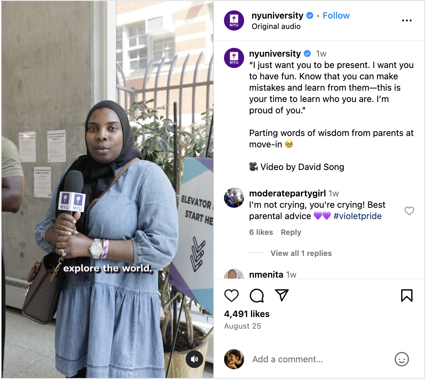 NYU Instagram Reel of incoming students' parents being interviewed, giving their kids advice for the year ahead.