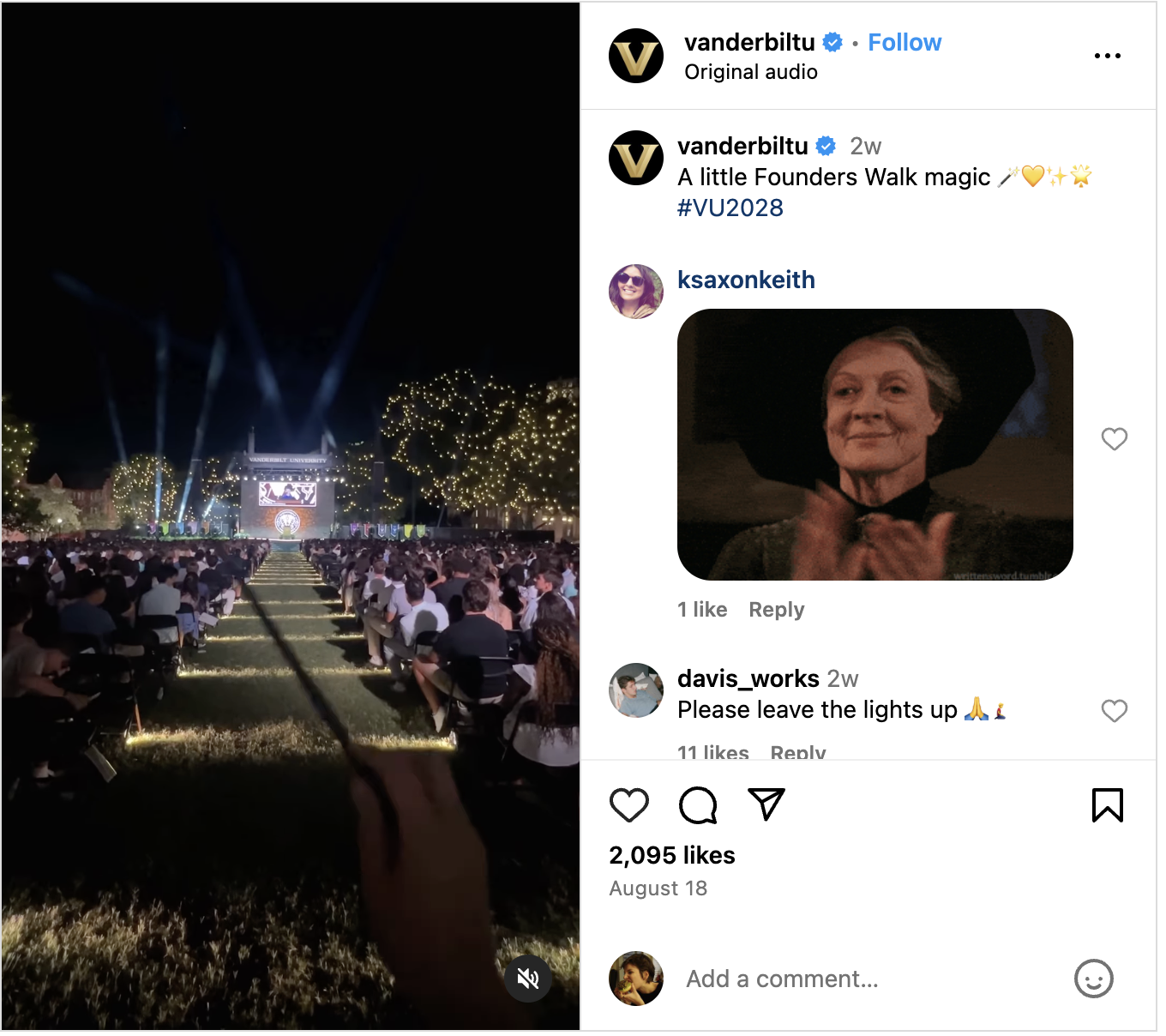 Instagram Reel showing a day to night transformation of Vanderbilt's Alumni Lawn for their 2024 Founders Walk event.