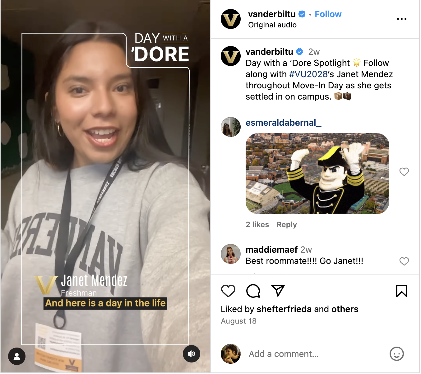 A Vanderbilt Instagram Reel featuring a day in the life of one of their incoming freshman students. 