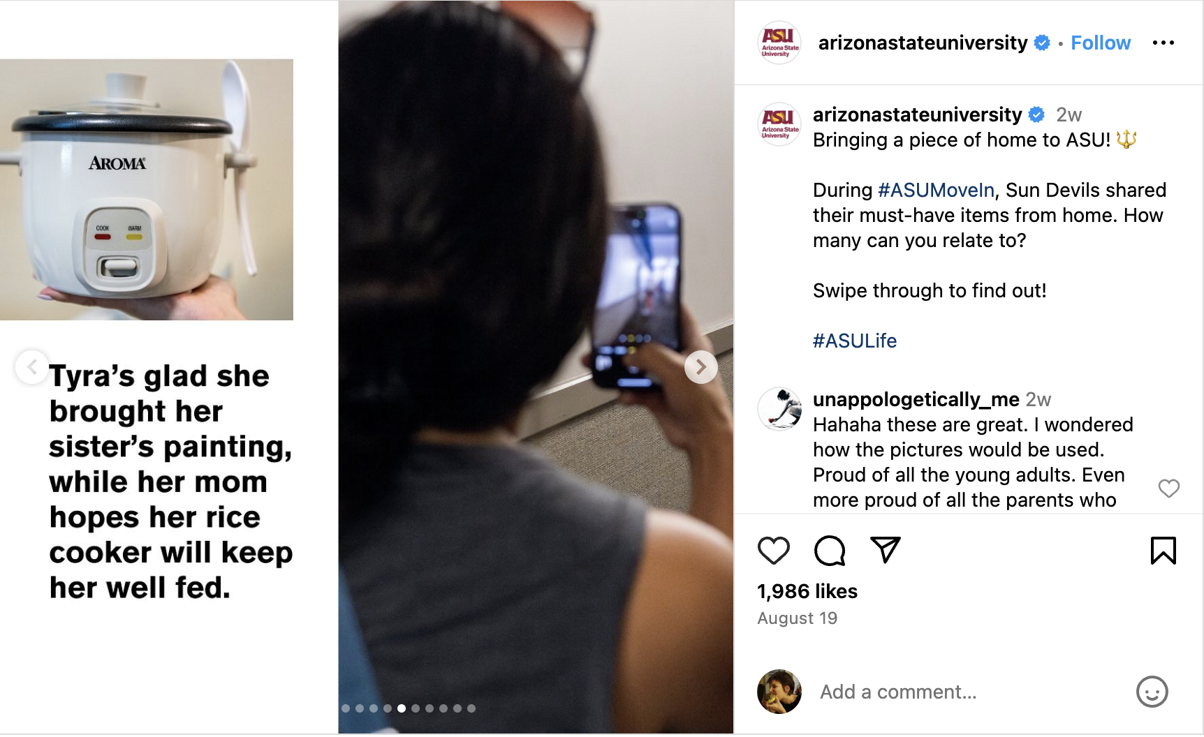 Slide from an Arizona State University carousel comparing what new students must-have item from home is versus their parents.