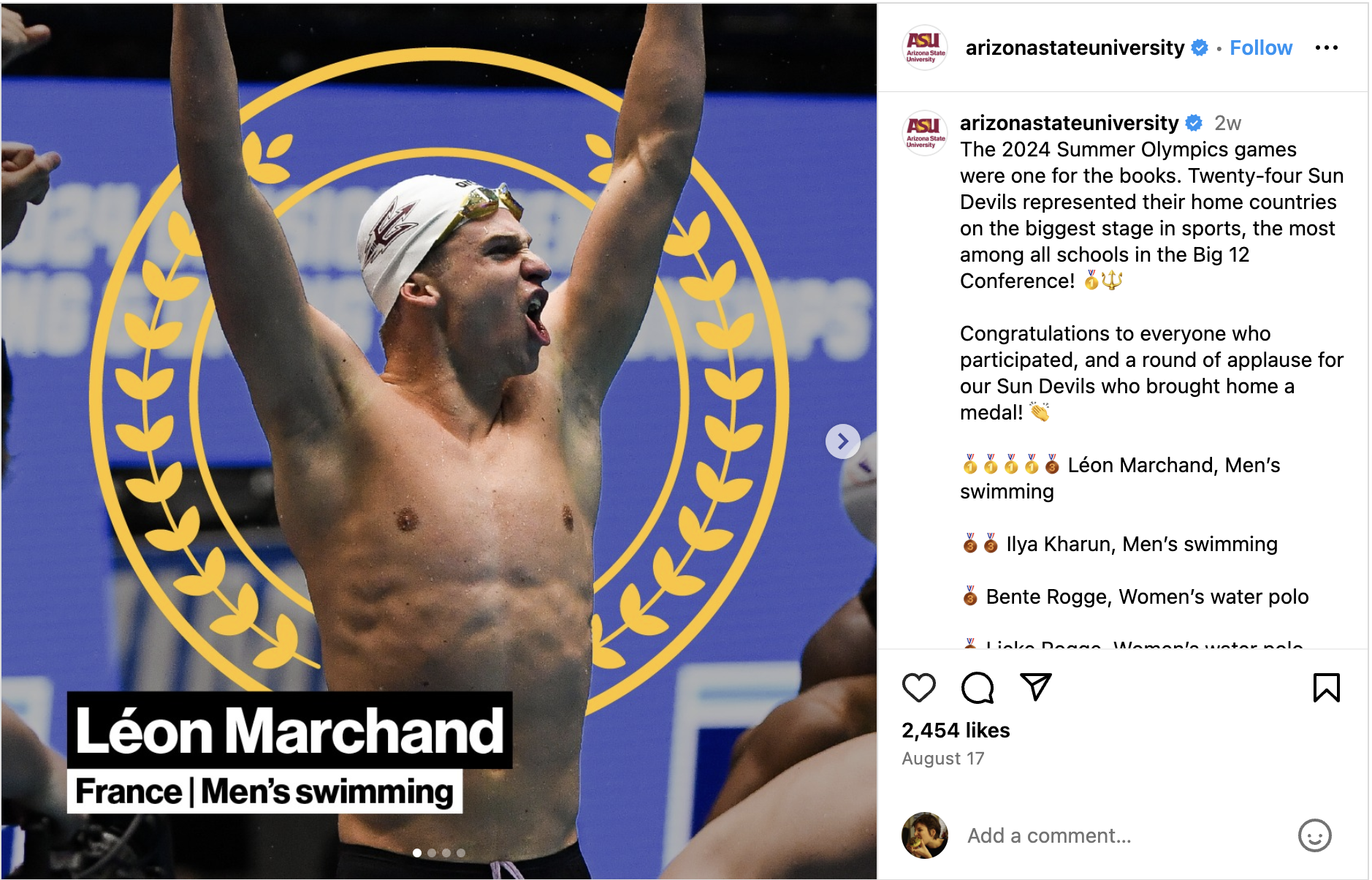 Arizona State University Instagram carousel of students who participated in the 2024 Olympic Games. Swimmer Leon Marchand pictured here. 