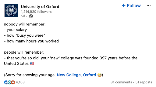University of Oxford LinkedIn post playing on the 