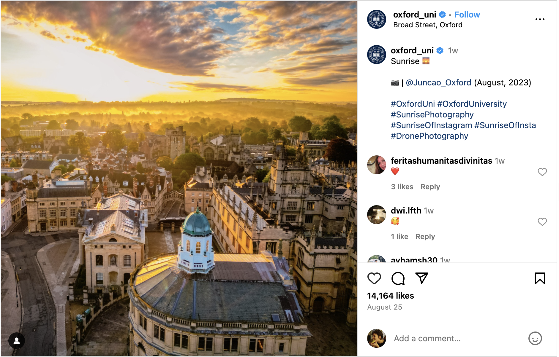 Instagram photo of sunrise over the University of Oxford, taken by a university employee. 