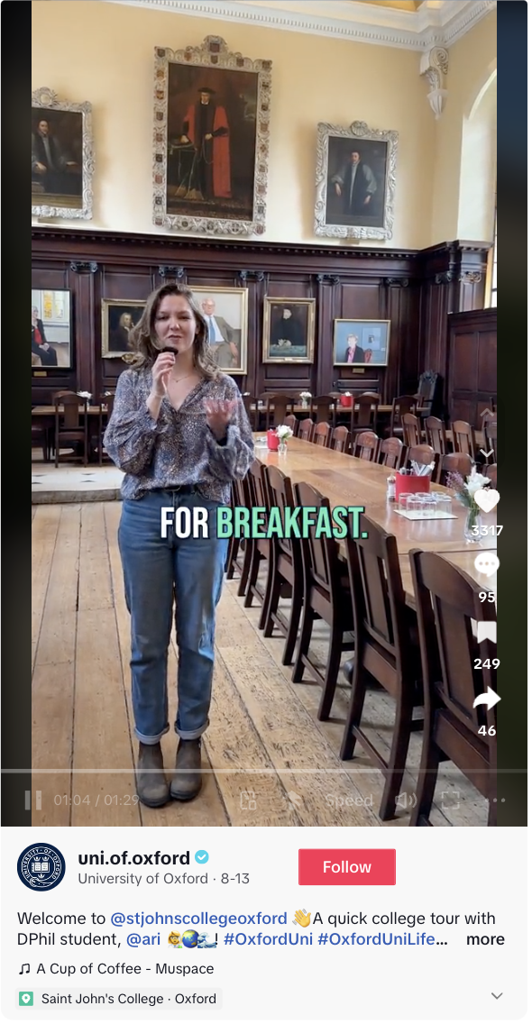 TikTok video of an Oxford student giving a tour of the university, including one of the dining halls. 