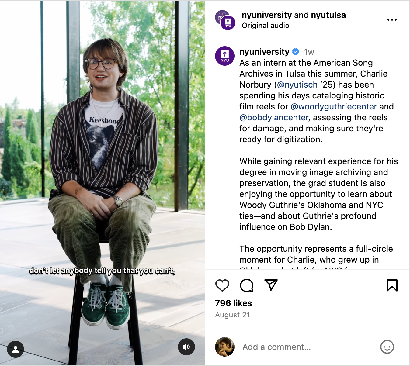 NYU Instagram Reel featuring student Charlie Norbury, discussing his summer internship at the American Song Archives. 