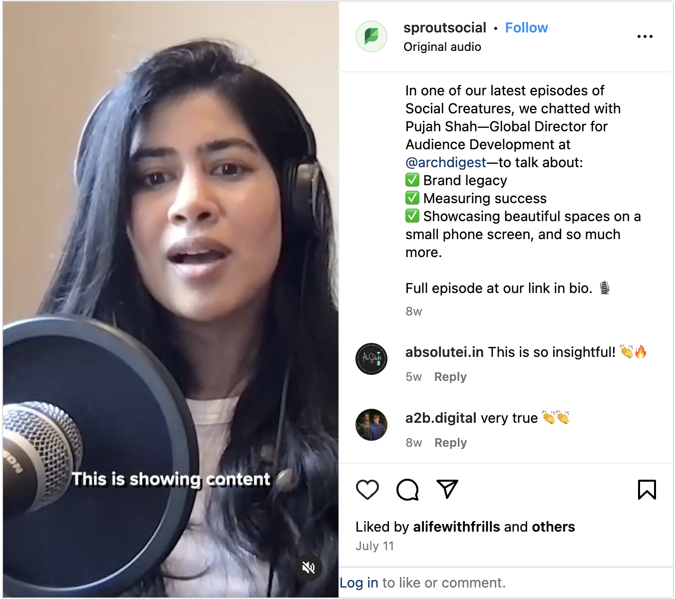 An Instagram post from Sprout Social sharing a clip from the podcast, Social Creatures.
