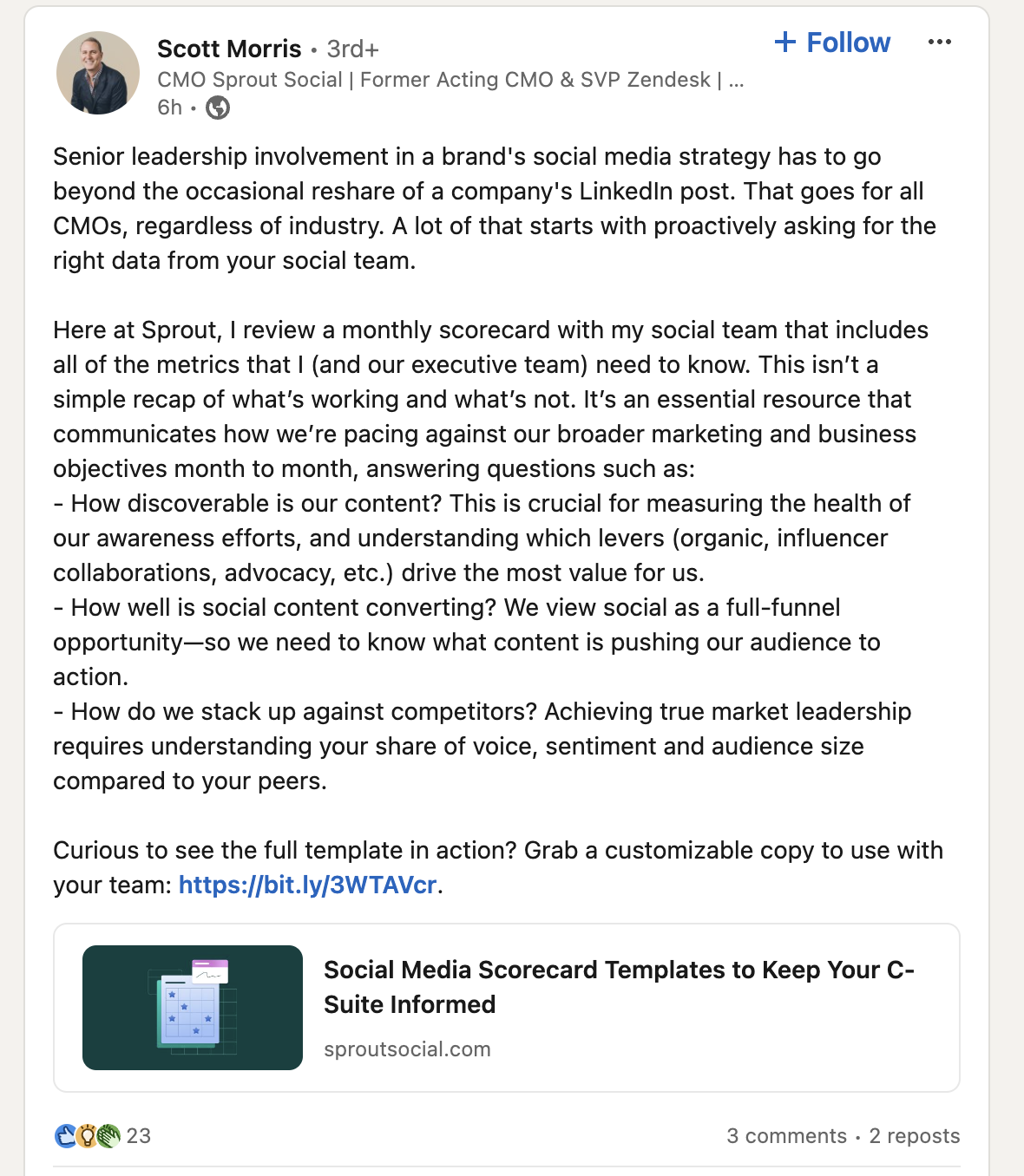 A LinkedIn post from Sprout chief marketing officer sharing a template from the Insights blog.
