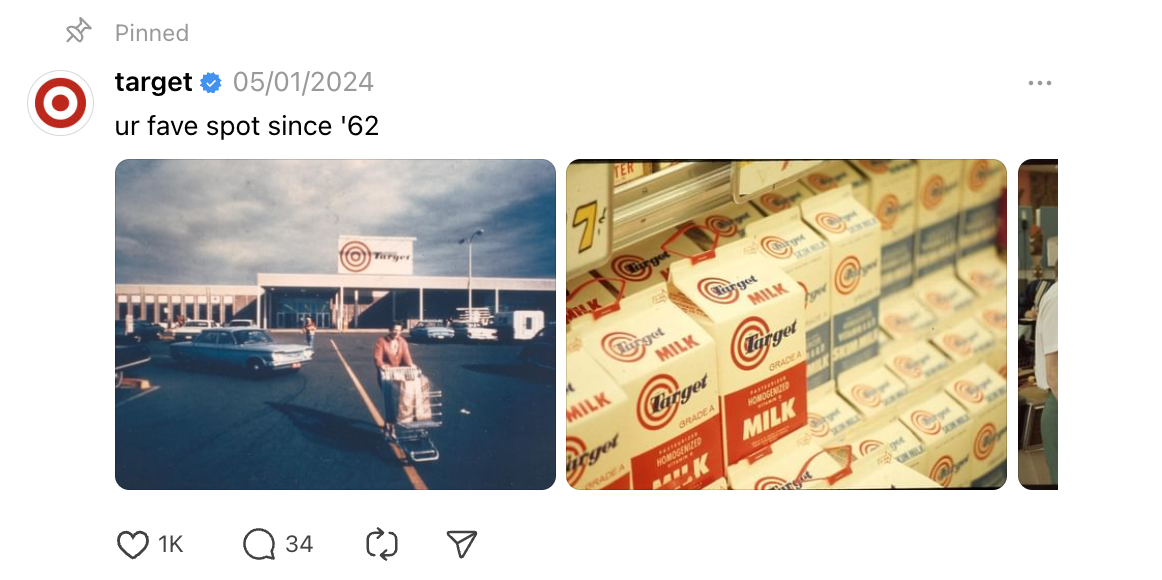 A pinned Threads post from Target featuring two vintage photographs from 1962: one showing a classic Target store exterior with cars and a shopper, and another displaying rows of milk cartons.
