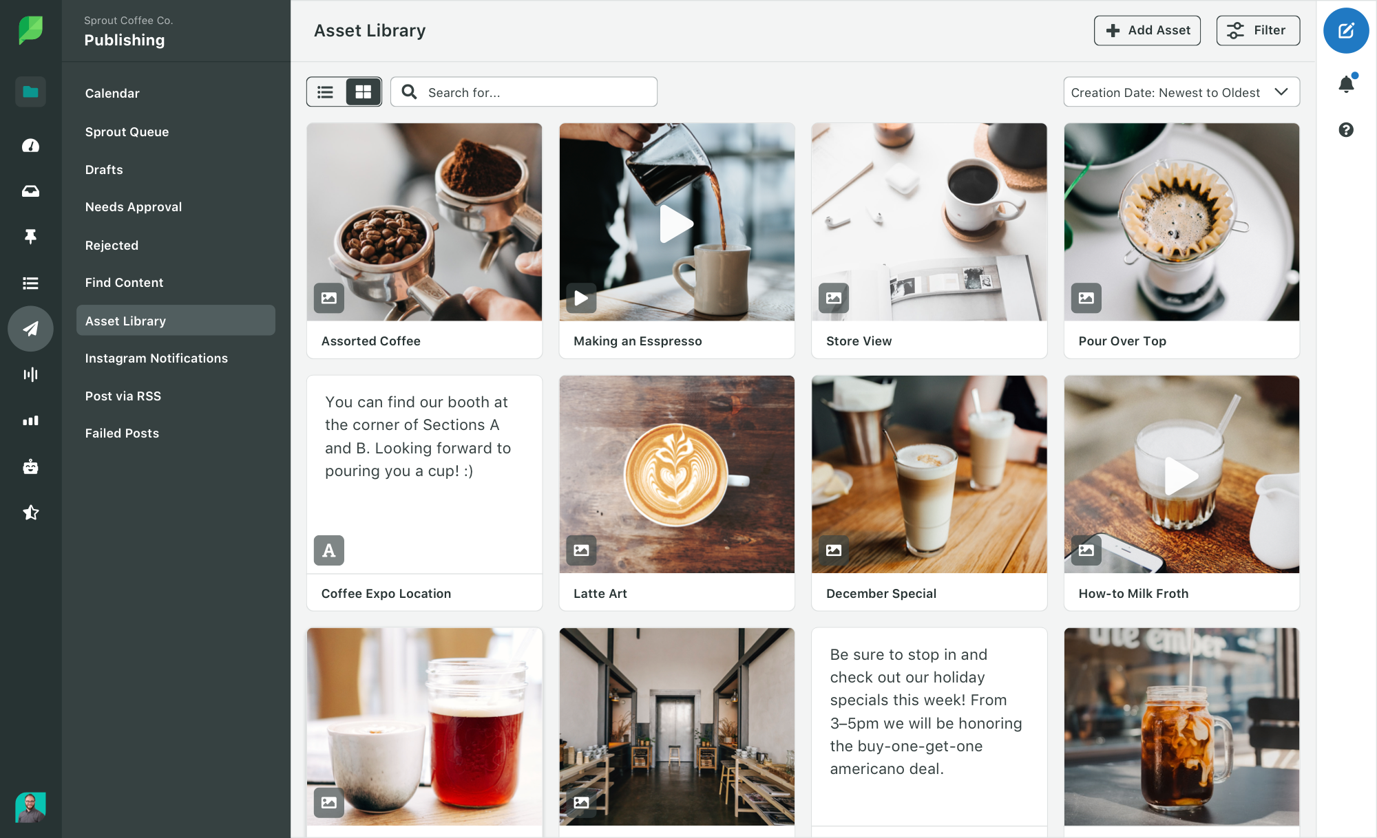 Sprout’s Asset Library interface showcasing various coffee-themed images and posts. It includes visuals of coffee beans, espresso, latte art, and coffee shop settings.