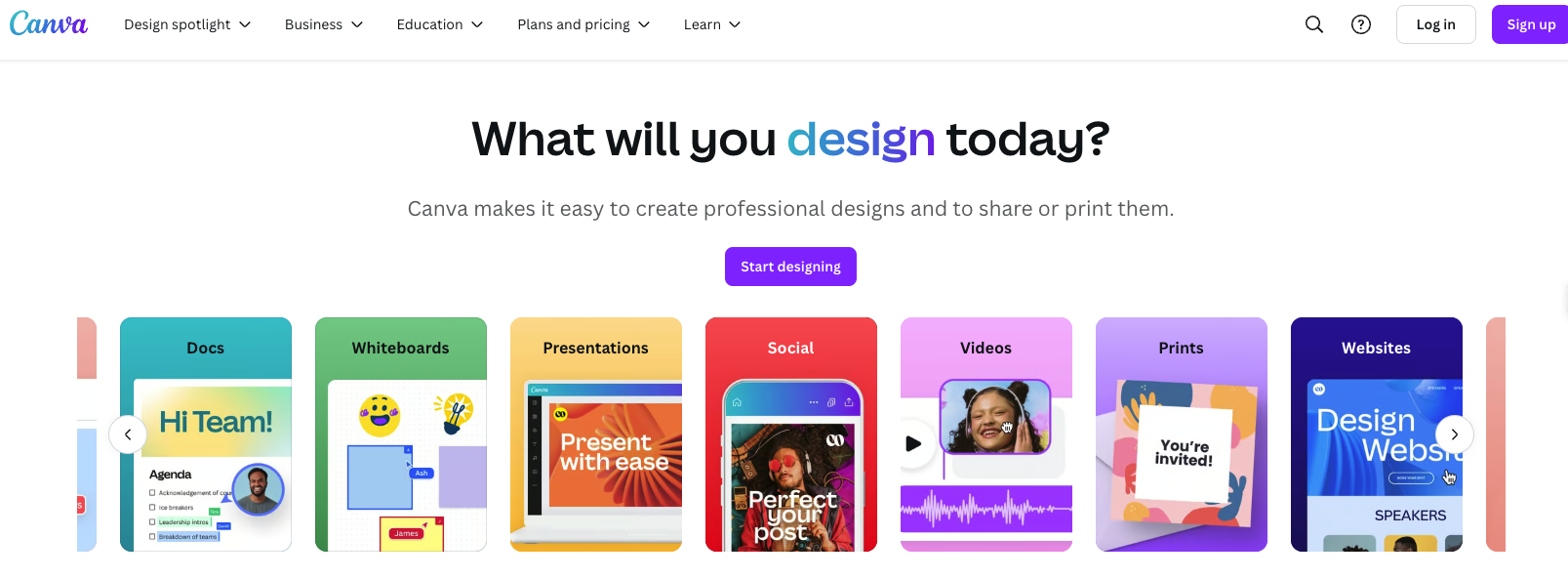 Canva's homepage displaying several template categories and a call-to-action button to start designing.