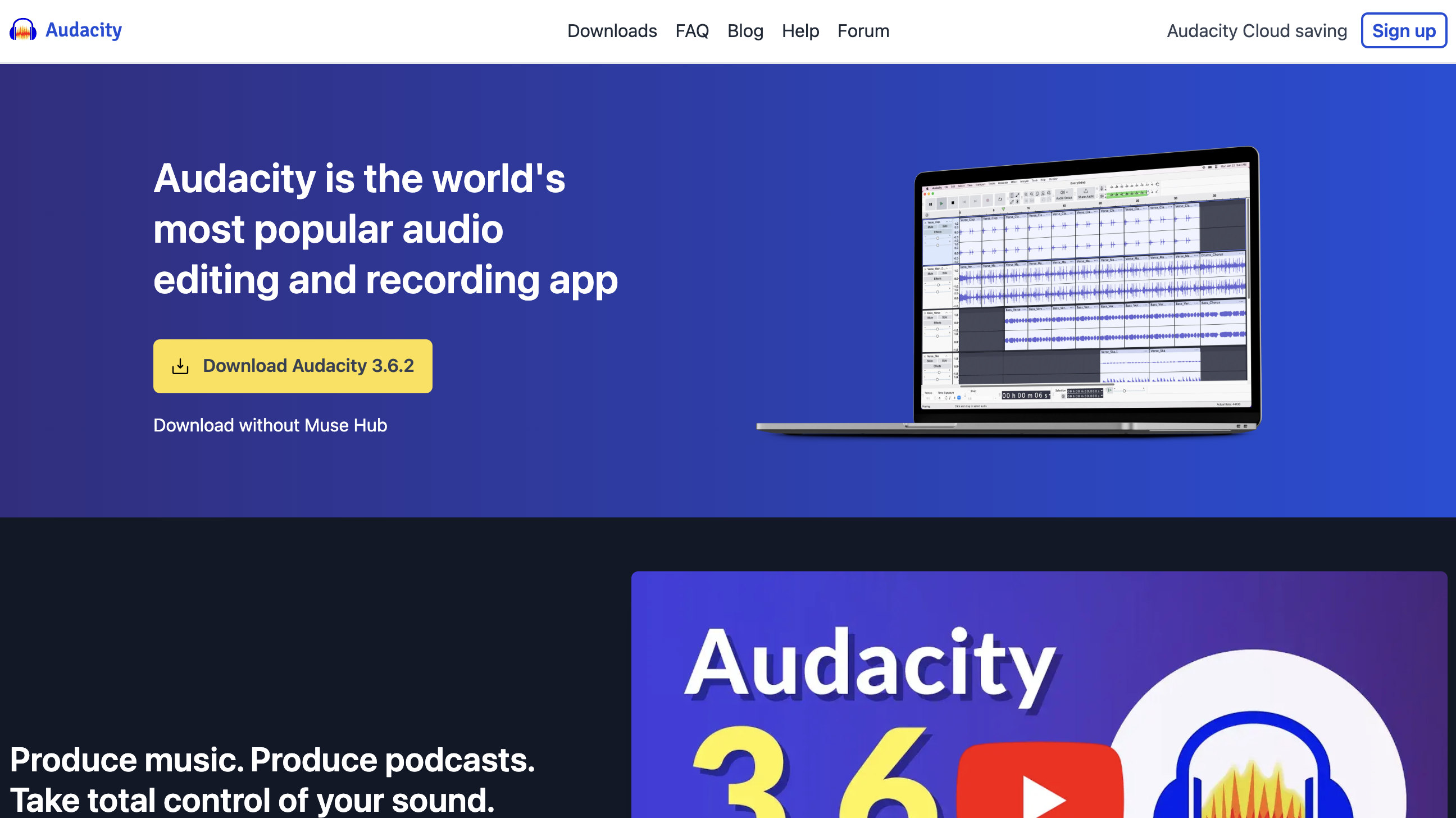Audacity's website homepage featuring a download button for the free editing and recording application.