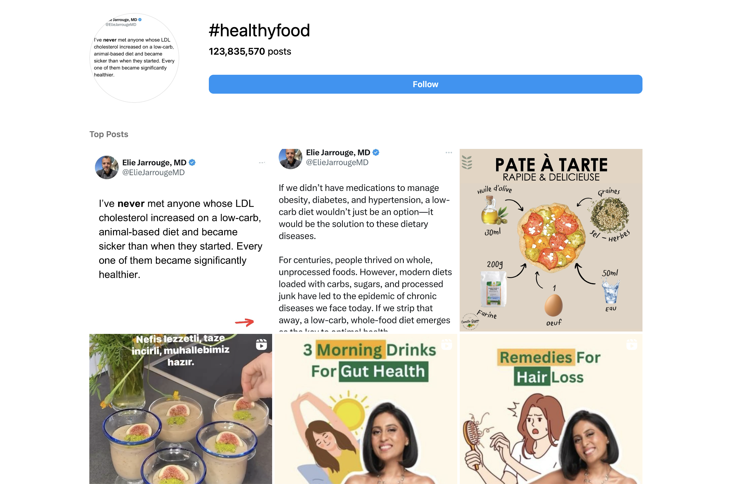 A Instagram search for the hashtag #HealthyFood. Several posts about health, wellness and diet are shown.