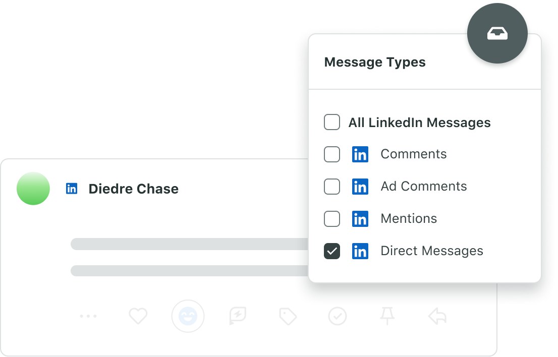 A view of LinkedIn direct messages appearing as a message type in the Sprout Social Smart Inbox.