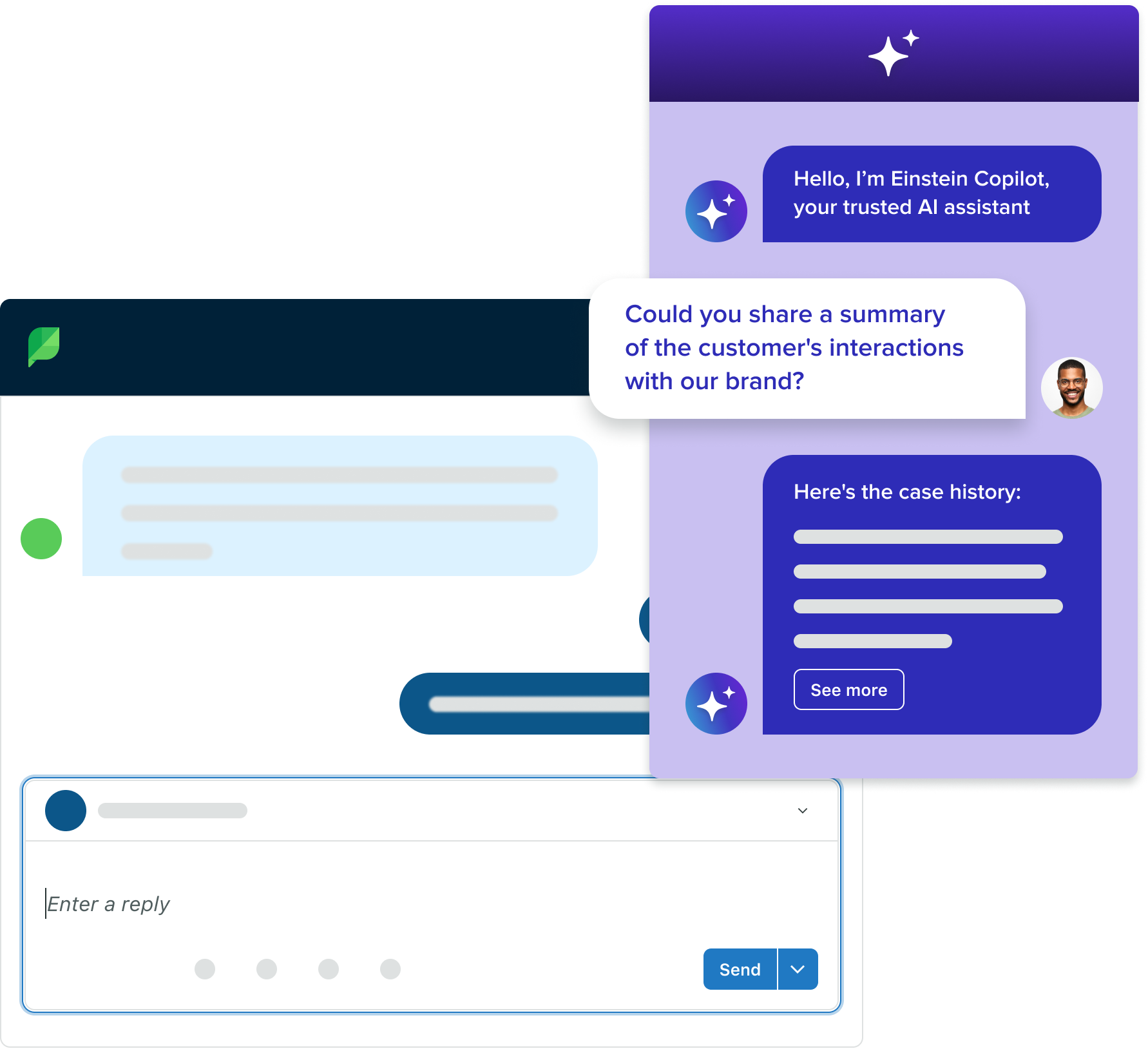 Mockup of how Einstein Copilot chat will appear for Sprout Social and Salesforce users.