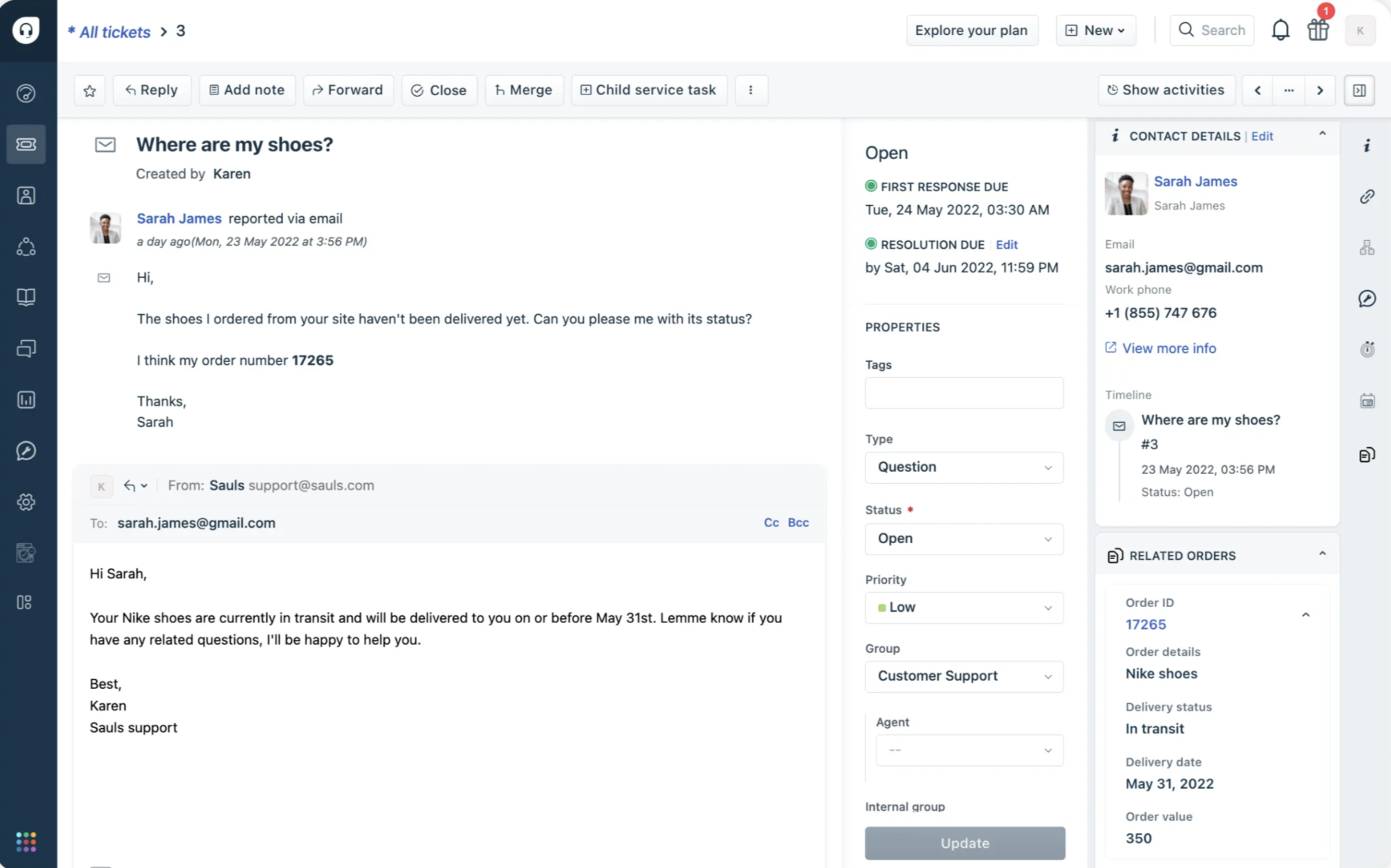 A customer service platform displaying a ticket about a customer inquiring about the status of their shoe order. 