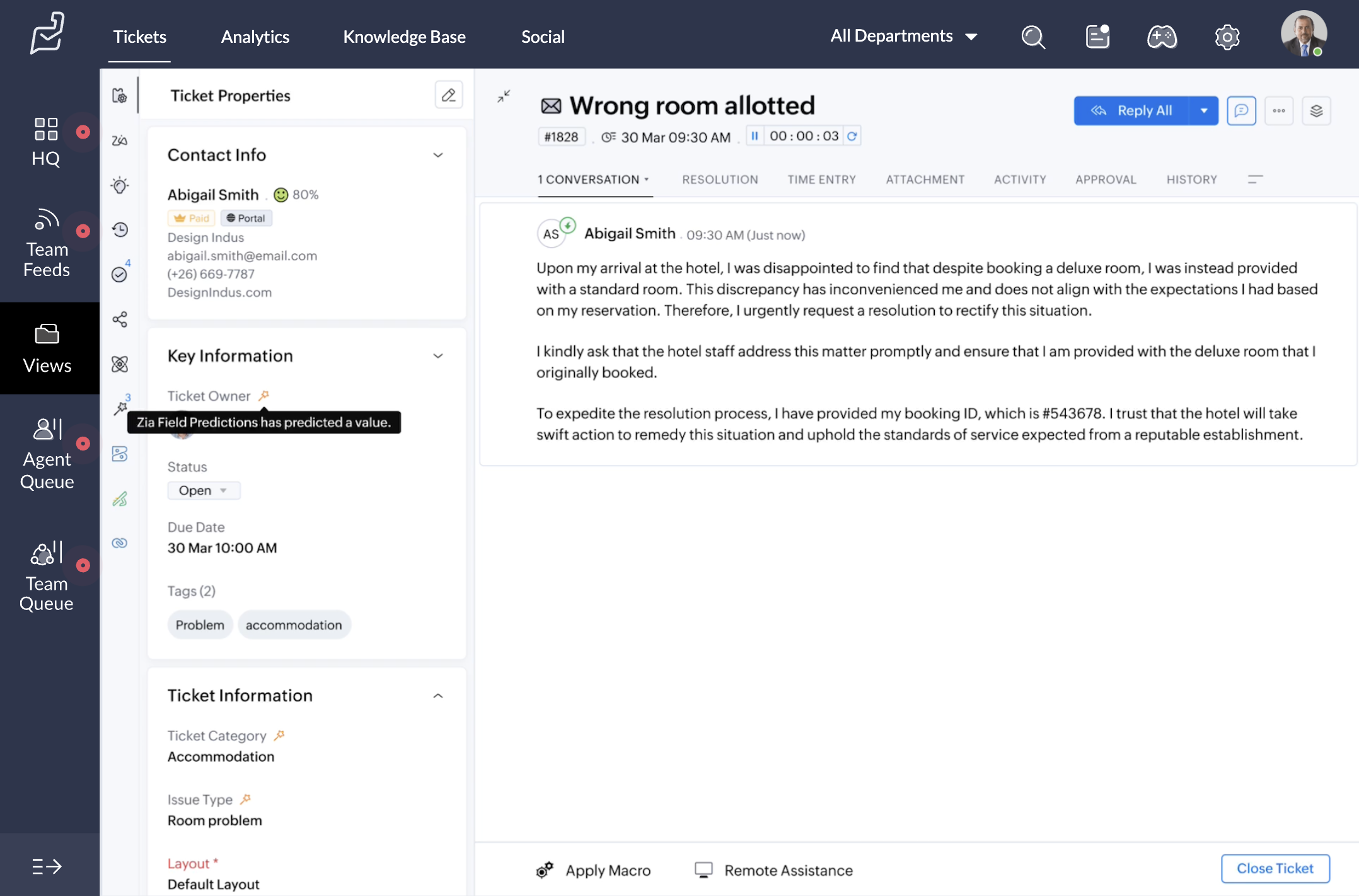 A customer support interface showing a ticket for a wrong room allotment issue at a hotel.