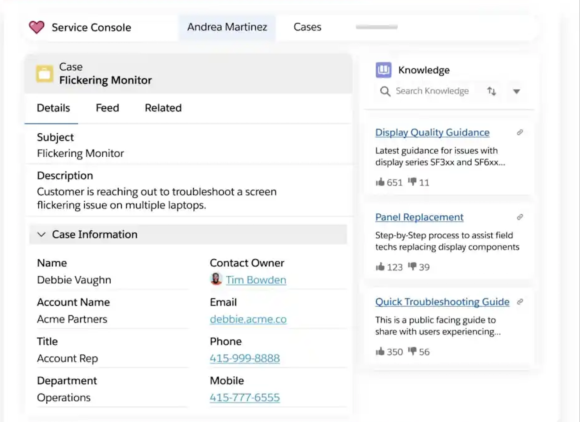 A customer service console displaying details of a case about a flickering monitor issue reported by a customer.