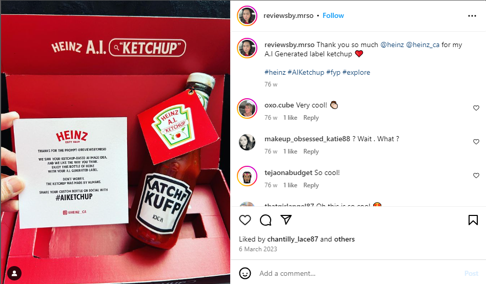 An Instagram post showcasing an influencer participation box sent from Heinz. The box features a physical ketchup bottle based on AI image generations.