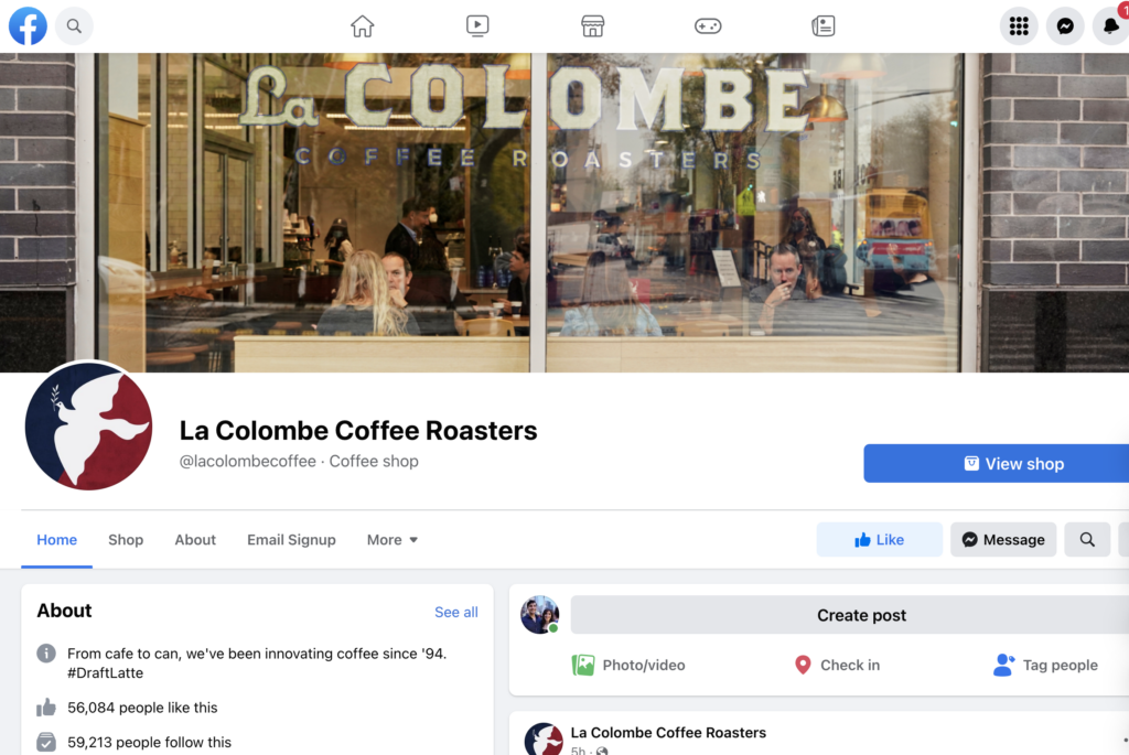 La Colombe coffee roasters Facebook page and large featured image showing the window of one of their coffee shops.