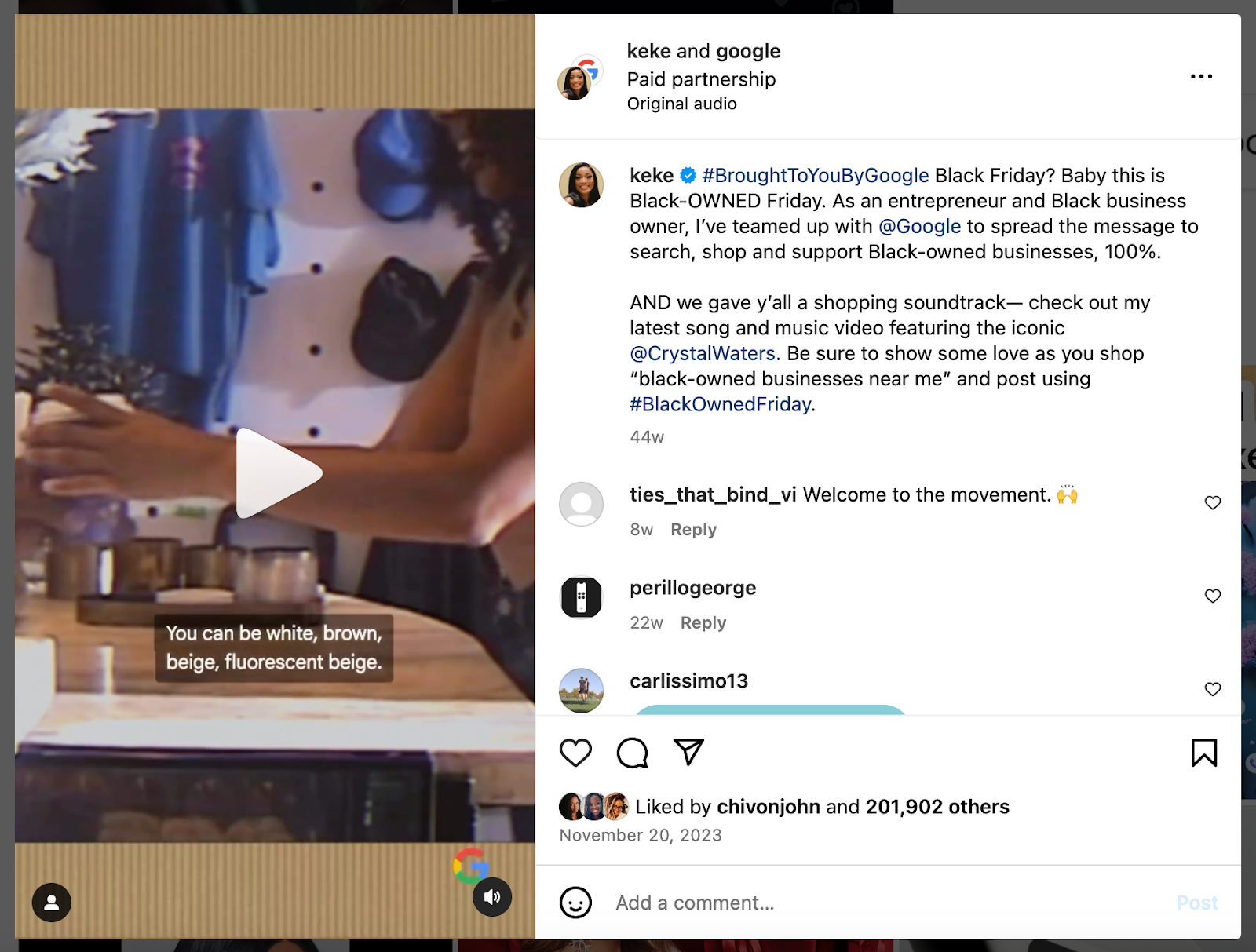 An Instagram Reel from Google from their #BlackOwnedFriday campaign