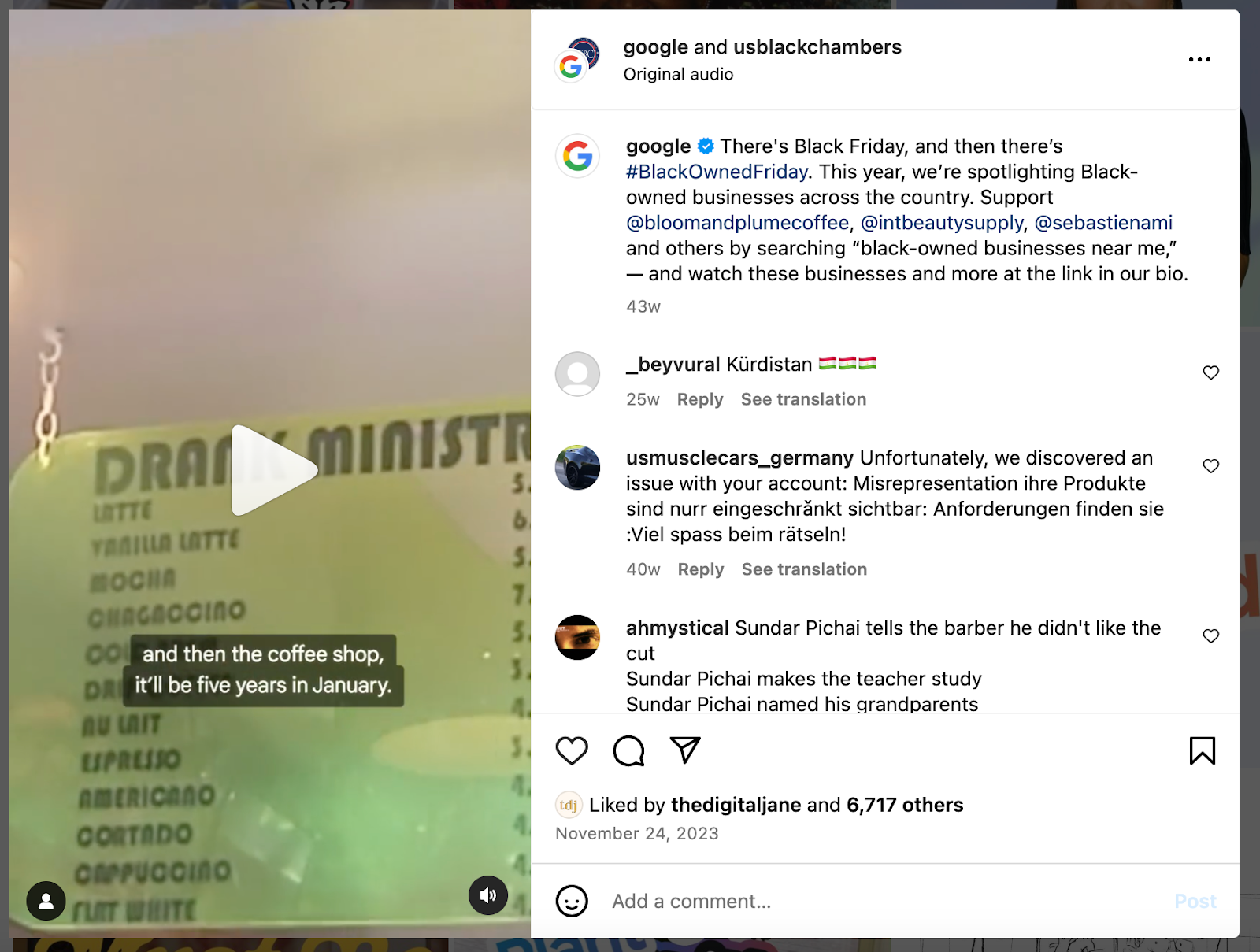 An Instagram Reel from Google from their #BlackOwnedFriday campaign