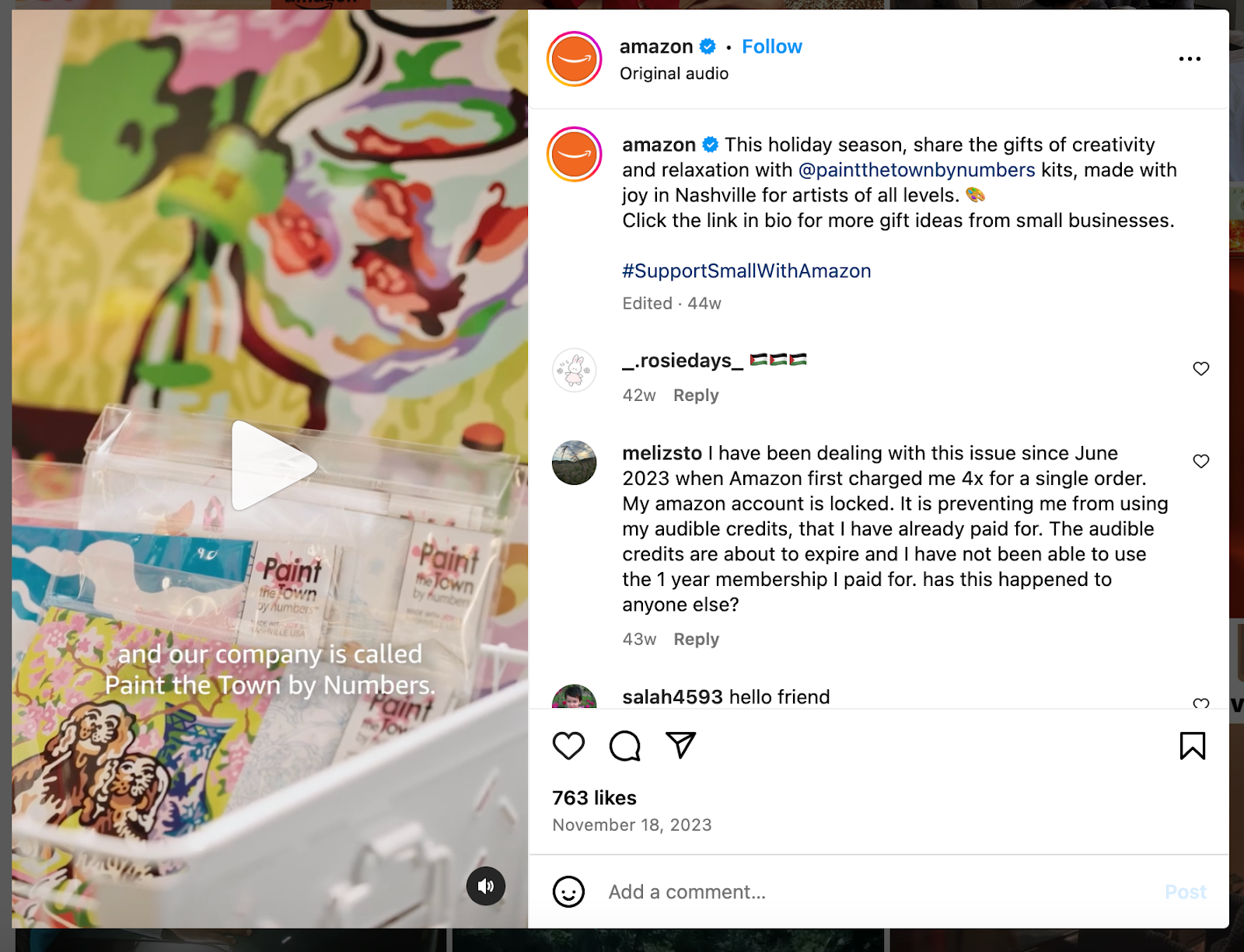 An Instagram Reel from Amazon showcasing small business, @paintthetownbynumbers