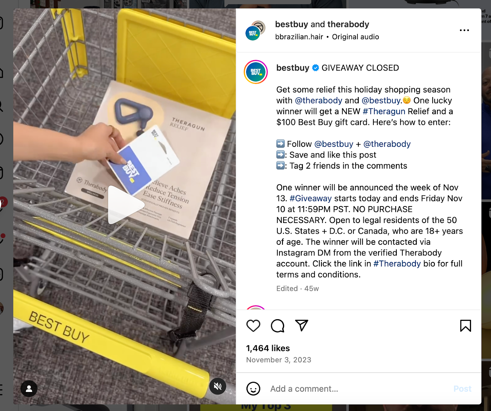An Instagram post from Best Buy from their 2023 Black Friday campaign