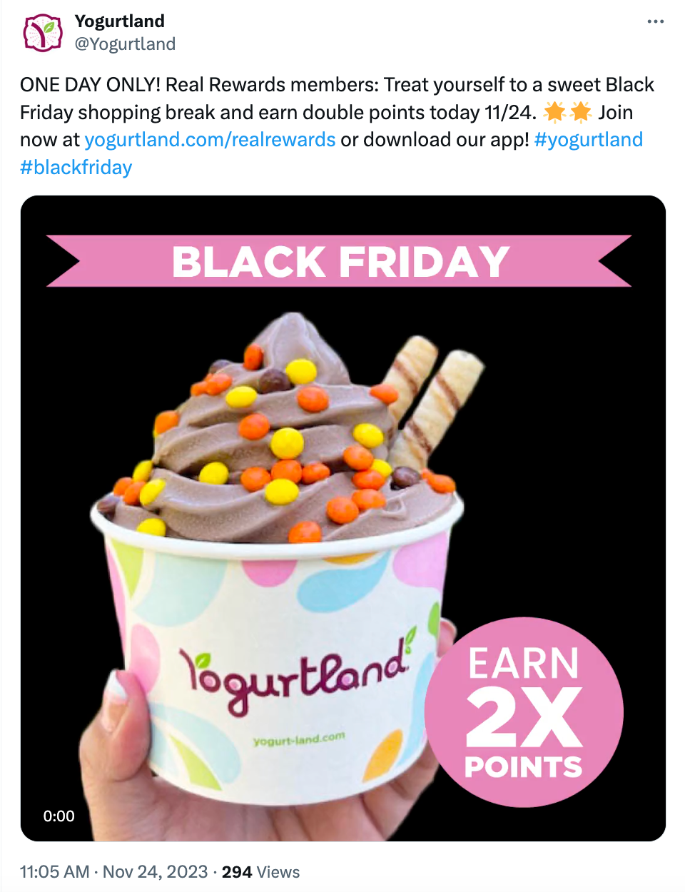 An X post from Yogurtland from their 2023 Black Friday campaign