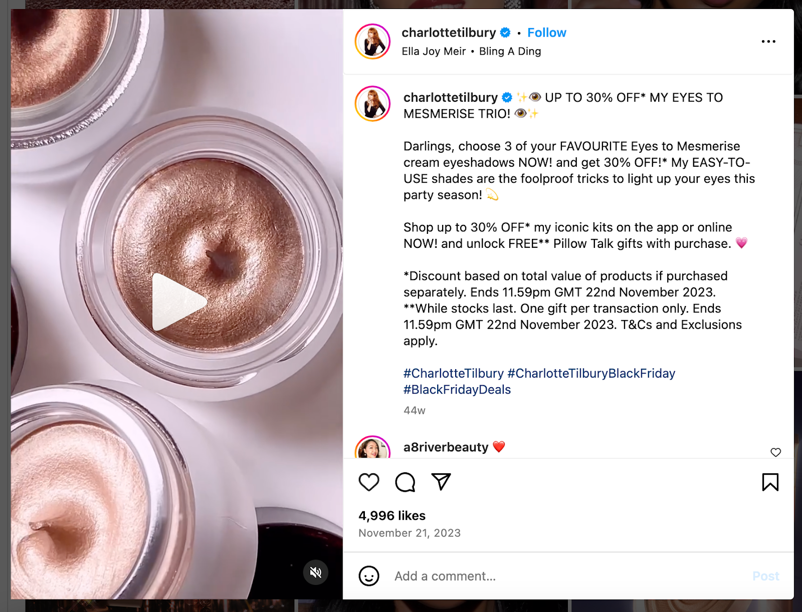 An Instagram post from Charlotte Tilbury from their 2023 Black Friday campaign