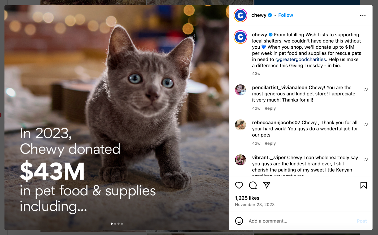 An Instagram post from Chewy from their 2023 Giving Tuesday campaign