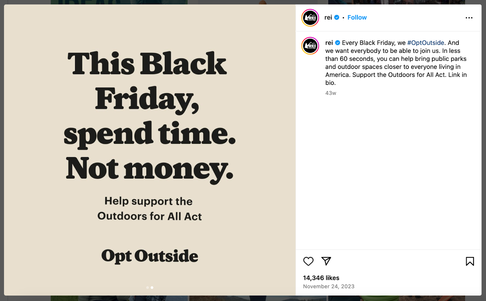 An Instagram post from REI from their #OptOutside anti-Black Friday campaign.