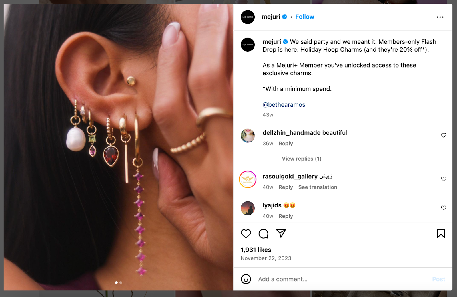 An Instagram post from Mejuri from their 2023 Black Friday campaign