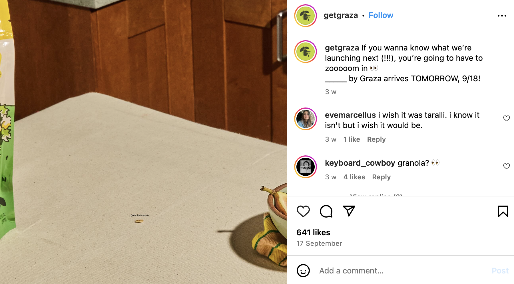 Graza's pre-launch Instagram post generating excitement for its new product, Grazola.