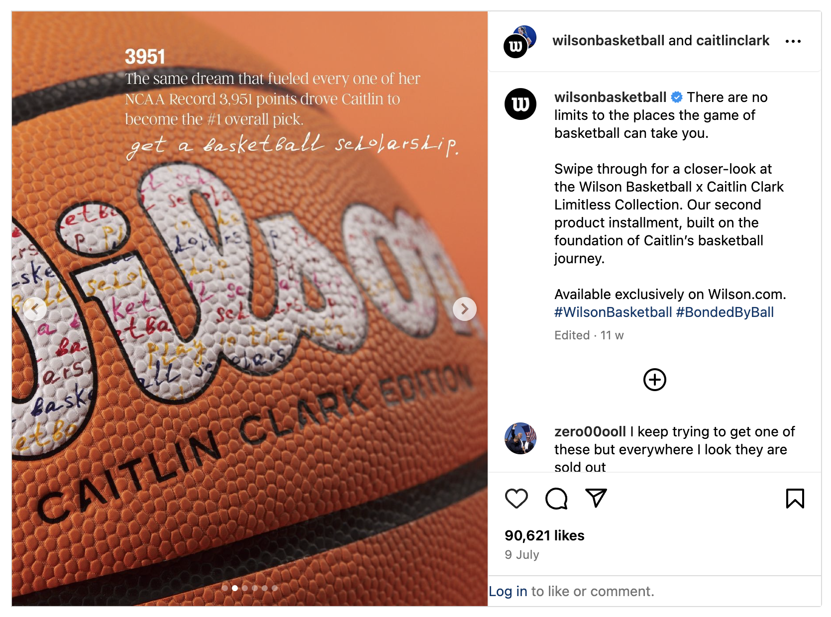 An Instagram post promoting Caitlin Clark's custom basketball created in partnership with Wilson.