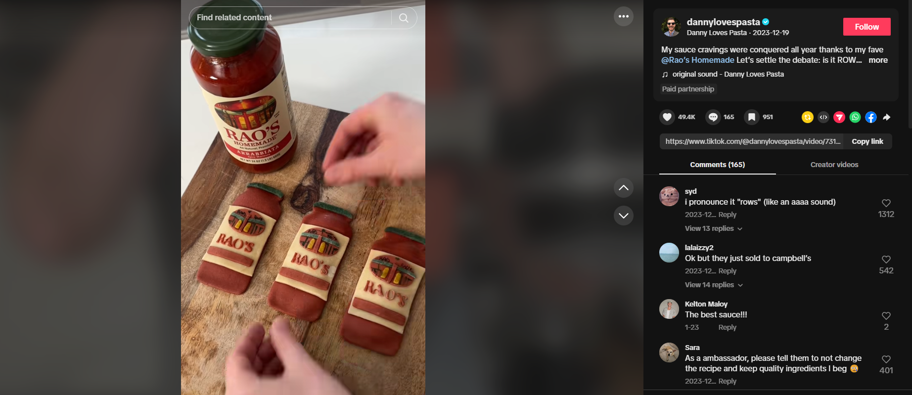 Danny Loves Pasta's video, showing raviolis shaped and decorated like a Rao's pasta sauce jar.