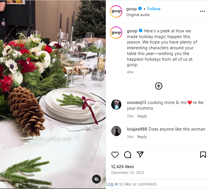 Goop's 2023 holiday video, showing a festively decorated table.