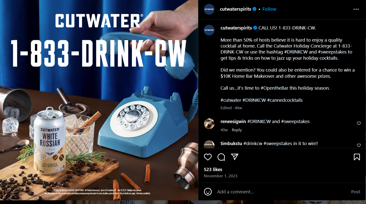Cutwater's Instagram post featuring the holiday hotline.