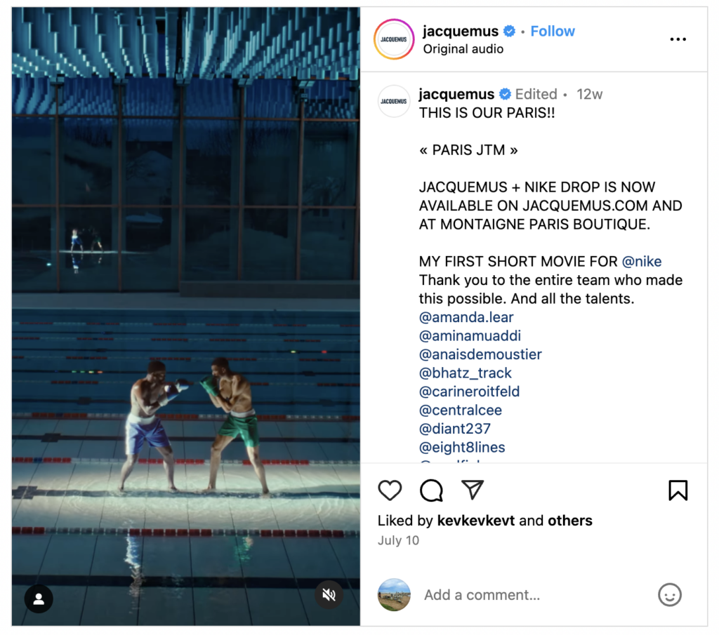 Instagram post by Jacquemus who collaborated with Nike for the 2024 Paris Olympic Games.