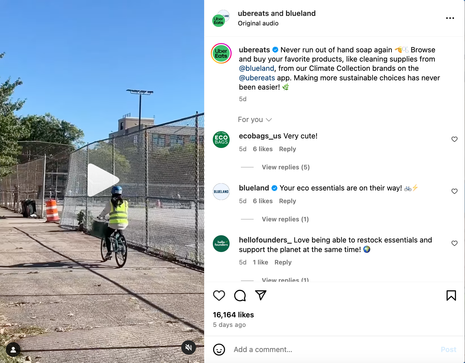An Instagram Reel about the brand partnership between Uber Eats and Blueland.