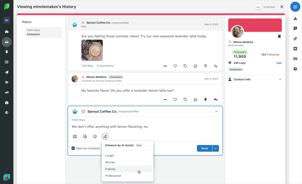 Sprout’s history interface displaying a conversation between a coffee company and a customer about seasonal latte flavors, with AI assistance options.