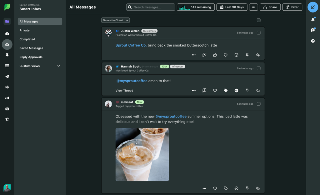 Sprout’s dashboard showing customer interactions about Sprout Coffee Co.'s seasonal latte flavors.