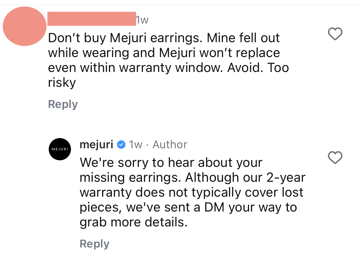 A social media exchange where a customer complains about Mejuri earrings falling out and Mejuri responds offering to look into the issue.