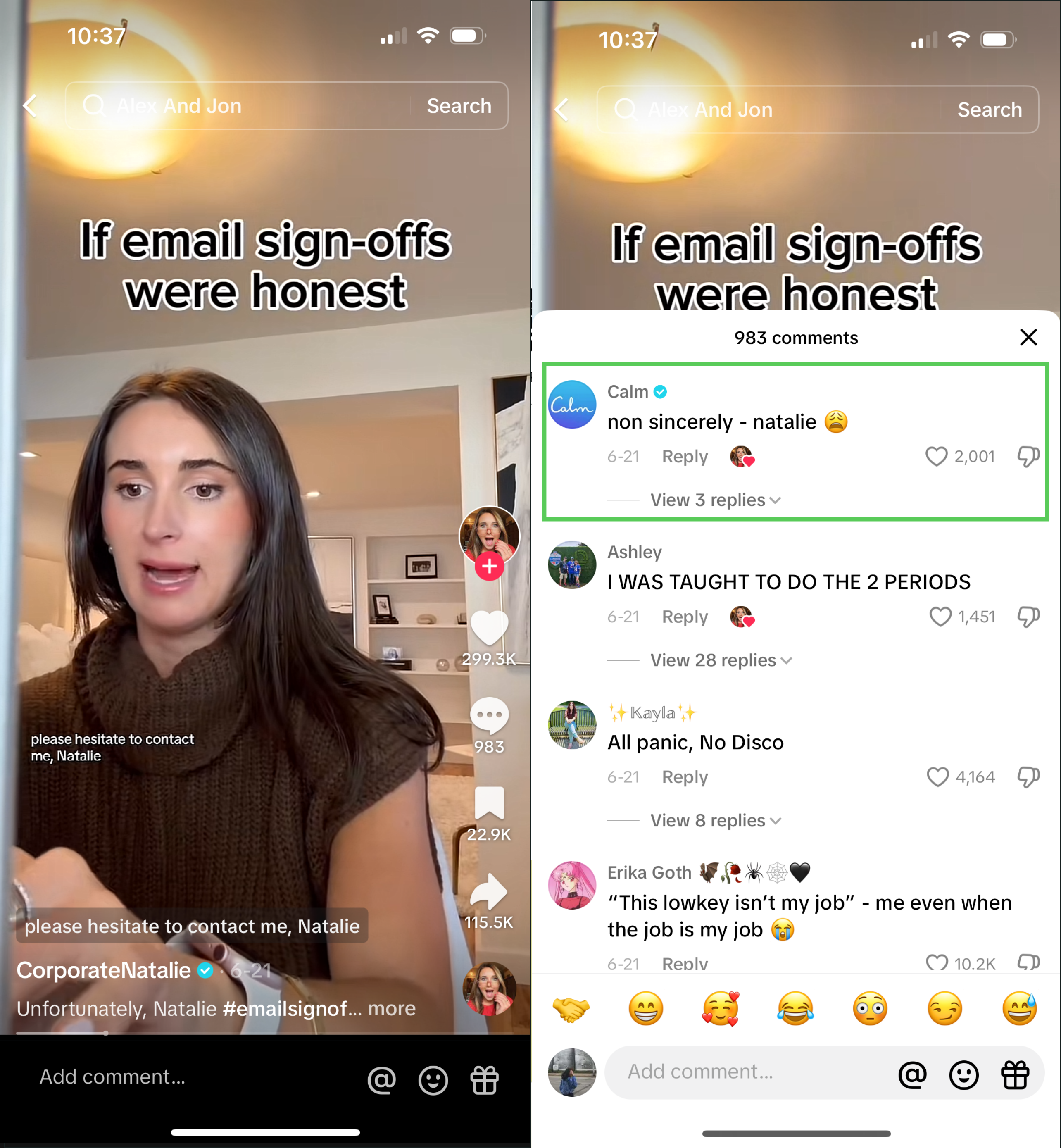 A TikTok post from creator @CorporateNatalie. The top comment on the video is from the Calm brand account.
