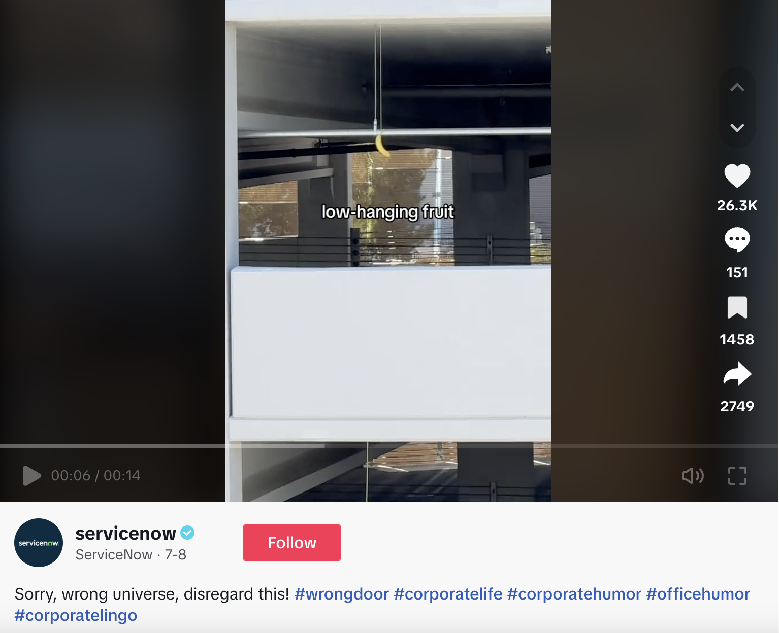 A TikTok from ServiceNow creatively interpreting cringy corporate phrases such as low-hanging fruit.