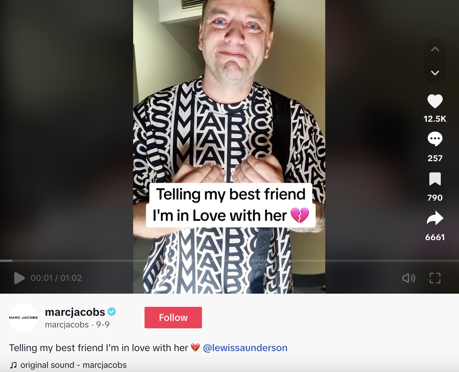 A TikTok from Marc Jacobs featuring creator Lewis Saunderson declaring his love for his best friend.