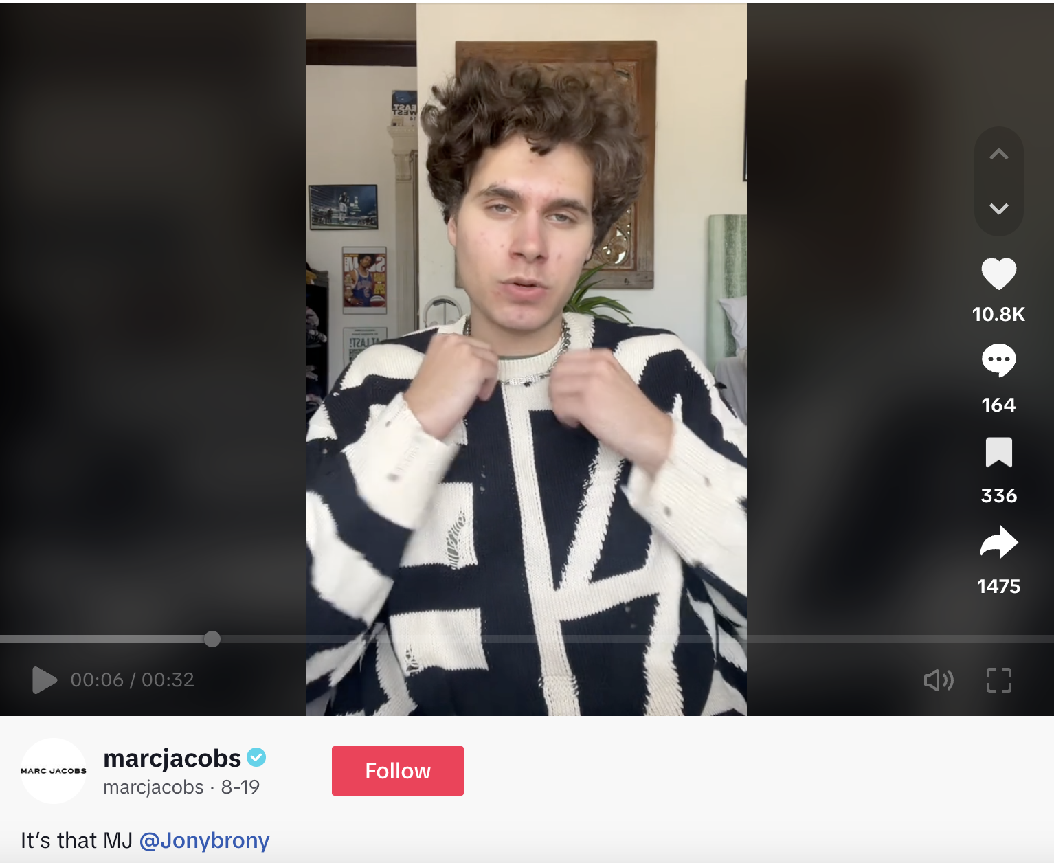 A Marc Jacobs TikTok featuring creator @JonyBrony answering questions about his attire.