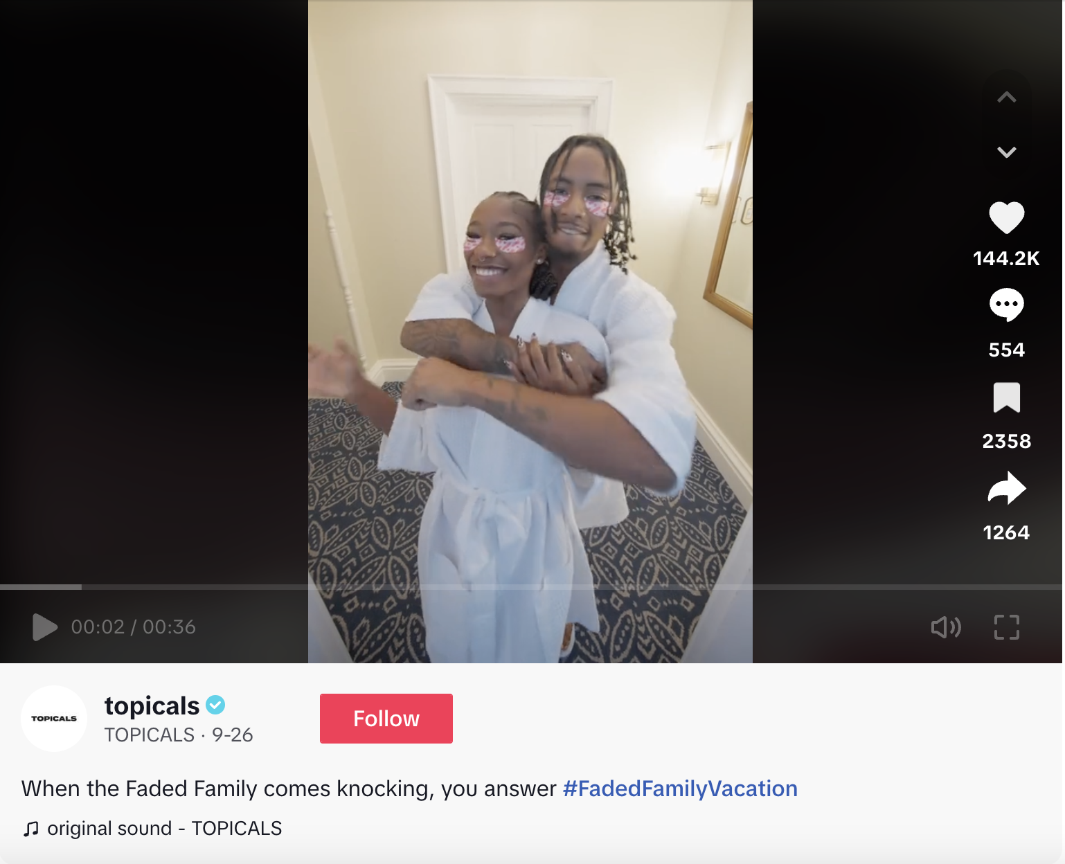 A TikTok from Topicals depicting creators at their hotel room from the #FadedFamilyVacation campaign.