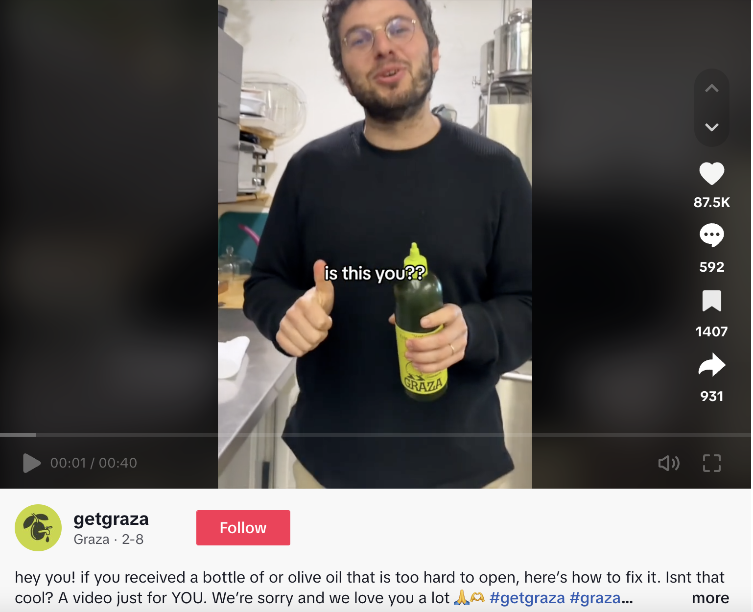 A TikTok of Graza's founder addressing a packaging issue and providing a solution.